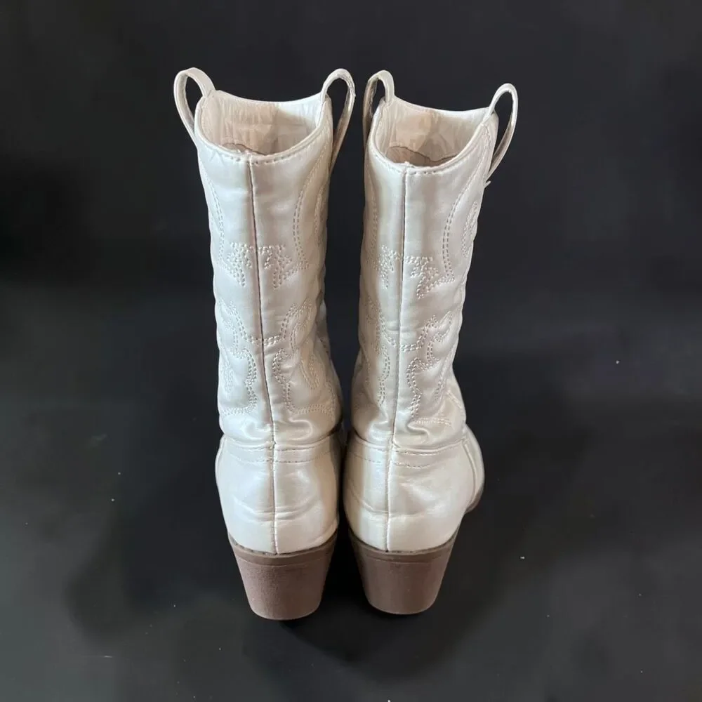 Links Pearl White Western Cowboy Boots Girls Size 1 Embroidered Cowgirl Mid Calf